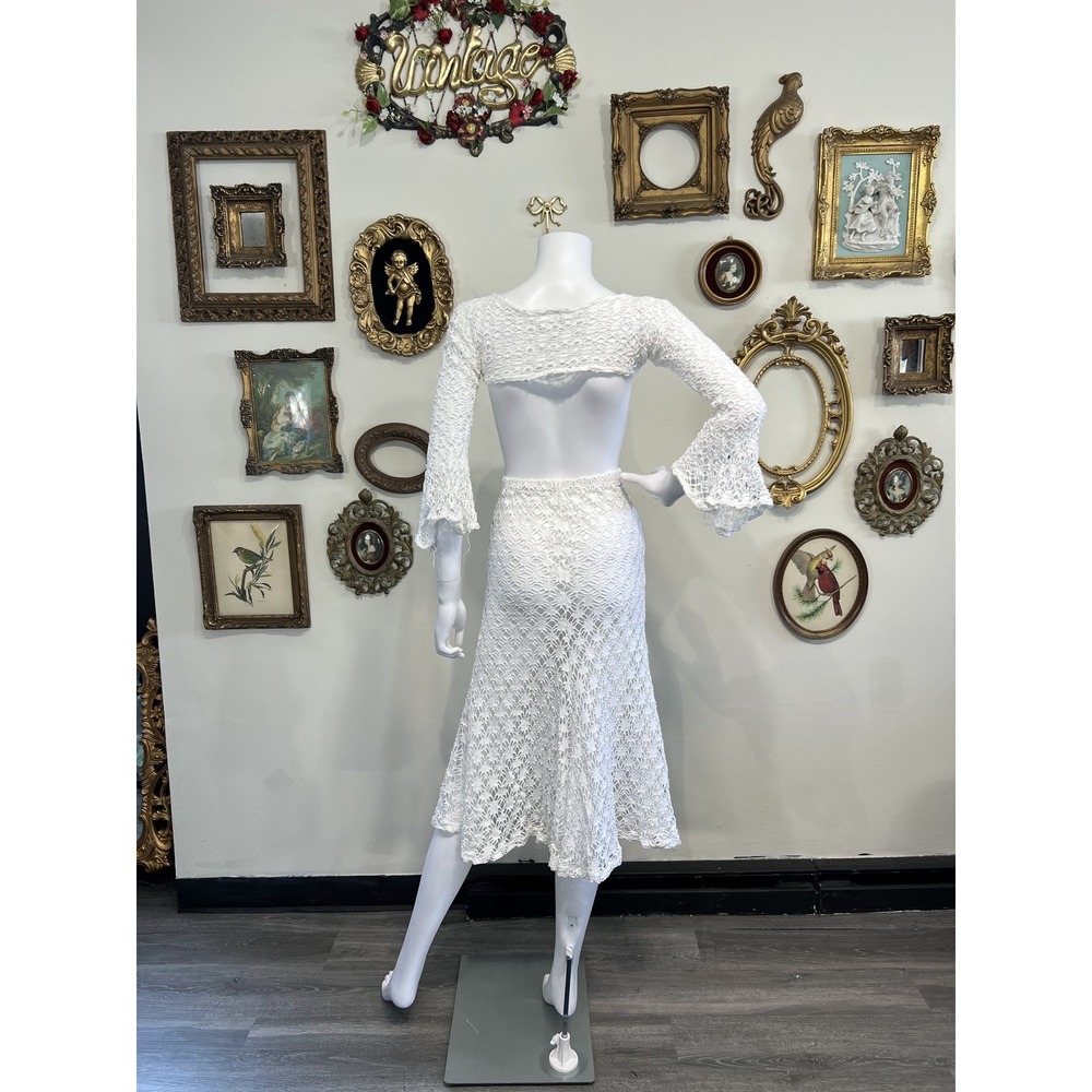 Cheryl Creations White Cotton Crochet Knit Skirt & Cropped Cardigan Set Sz Small - Picture 3 of 12